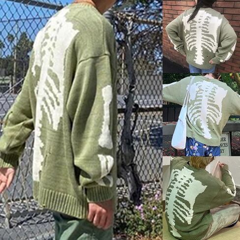 Unisex Long Sleeve Sweater Harajuku Skeleton Bone Print Ripped Knit Jumper Tops in Kuwait