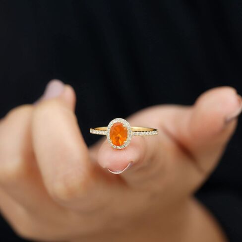Certified Fire Opal 6X8mm Oval Engagement Ring, AAA Quality, Natural Opal Diamond Halo Ring for Women in Saudi Arabia
