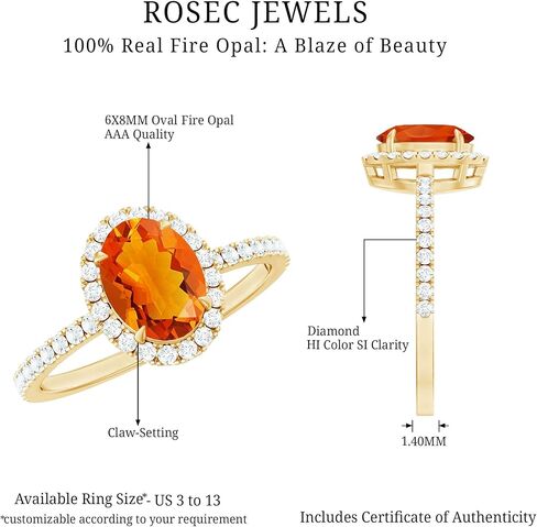 Certified Fire Opal 6X8mm Oval Engagement Ring, AAA Quality, Natural Opal Diamond Halo Ring for Women in Saudi Arabia