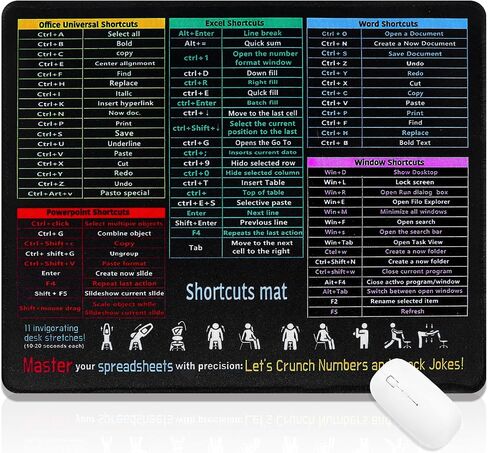Excel Cheat Sheet Desk Pad 26x21x0.2cm Excel Mouse Pad Shortcuts Anti-Slip Keyboard Excel Shortcuts Mousepad with Stitched Edges for Computer in Saudi Arabia