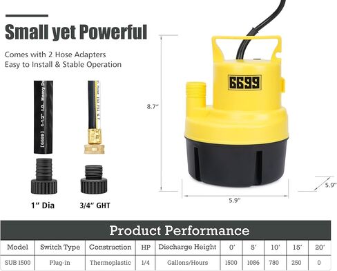 6699 مضخة مستنقع محمولة 3/4HP مضخة مياه غاطسة مع مفتاح تعويم قابل للتعديل وكابل طويل بطول 16 قدم، تدفق عالٍ 3000 جيجا في الساعة لتصريف المياه حتى 1/25 بوصة من حمامات السباحة والبرك المغمورة في الطابق السفلي SUB 3000 in Kuwait