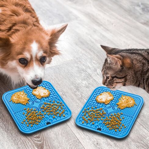 Lick Mat for Dogs, Dog Lick mat Mat with Suction Cups, 2 Pack Dog Food Mat and Slow Feeder Cat Bowl for Dog Anxiety Relief Dog Enrichment Toys for Dog Bathing Station and Cat Grooming (Blue & Orange) in Kuwait