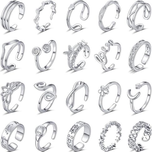 20PCS Silver/Rose Gold Adjustable Toe Rings for Women CZ Flower Heart Open Band Toe Ring Set Summer Beach Hypoallergenic Pinky Rings Foot Jewelry Set in Saudi Arabia