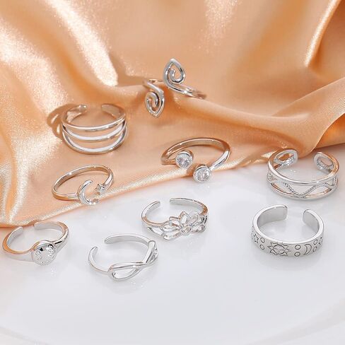 20PCS Silver/Rose Gold Adjustable Toe Rings for Women CZ Flower Heart Open Band Toe Ring Set Summer Beach Hypoallergenic Pinky Rings Foot Jewelry Set in Saudi Arabia
