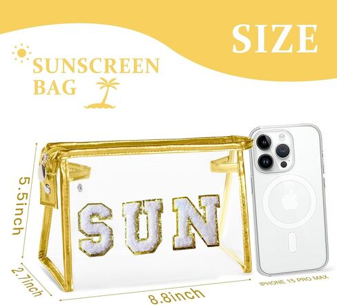 COSHAYSOO Clear Makeup Bag Preppy Sunscreen Pouch Waterproof Beach Pool Travel Things Summer Stuff Traveling Cosmetic Accessories for Women Teen Girl Gift with Cute Chenille Letter Patch Pink SUN in Saudi Arabia