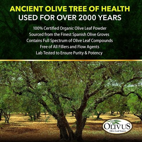 مستخلص أوراق الزيتون Oliveleafmax (40 ٪ من أوليوروبين) + مسحوق أوراق الزيتون العضوي + لا حشو + 60 كبسولات نباتية + مصدر من إسبانيا ومصنعة في الولايات المتحدة الأمريكية في مرفق GMP in Saudi Arabia