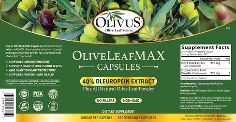 مستخلص أوراق الزيتون Oliveleafmax (40 ٪ من أوليوروبين) + مسحوق أوراق الزيتون العضوي + لا حشو + 60 كبسولات نباتية + مصدر من إسبانيا ومصنعة في الولايات المتحدة الأمريكية في مرفق GMP in Saudi Arabia