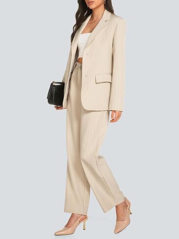 Women's 2 Piece Pant Suit Business Casual Outfits Striped Notched Collar Blazer Wide Leg Pants Sets in Saudi Arabia