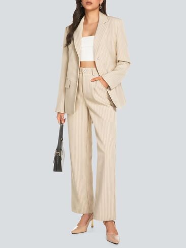 Women's 2 Piece Pant Suit Business Casual Outfits Striped Notched Collar Blazer Wide Leg Pants Sets in Saudi Arabia