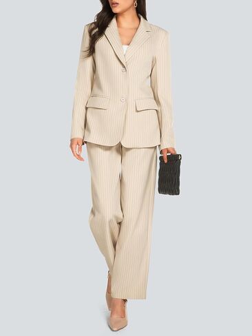 Women's 2 Piece Pant Suit Business Casual Outfits Striped Notched Collar Blazer Wide Leg Pants Sets in Saudi Arabia