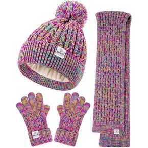 Kids Winter Hat Gloves Scarf Set,Girls Toddler Winter Hat Beanies with Pom Neck Warmer Gaiter Mittens Fleece Lined Set Christmas Gift for Kids（Rainbow Mix） in Kuwait