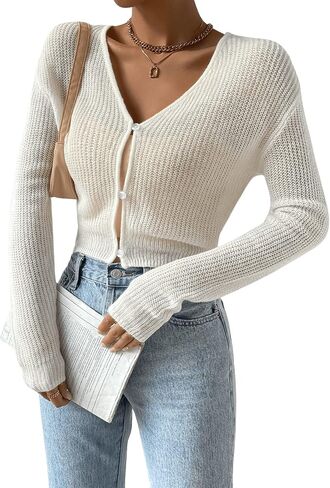 Verdusa Women's Drop Shoulder Long Sleeve Button Up Knit Cardigan Sweater Grey Medium in Saudi Arabia