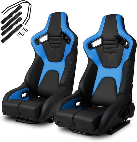 ModifyStreet [Venom Series] Black+Brown PVC Reclinable Sport Racing Seats Pair W/Slider Left/Right in Saudi Arabia