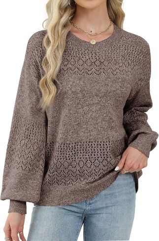 Lylinan Womens Sweaters Casual Boho Long Sleeve Shirts Crewneck Lightweight Crochet Tops Pullover Knit Sweater in Saudi Arabia