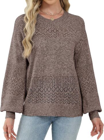 Lylinan Womens Sweaters Casual Boho Long Sleeve Shirts Crewneck Lightweight Crochet Tops Pullover Knit Sweater in Saudi Arabia