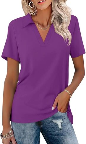 ORANDESIGNE Women's Short Sleeve V Neck Polo Shirts Summer Collared Tops Casual Loose Tees in Kuwait