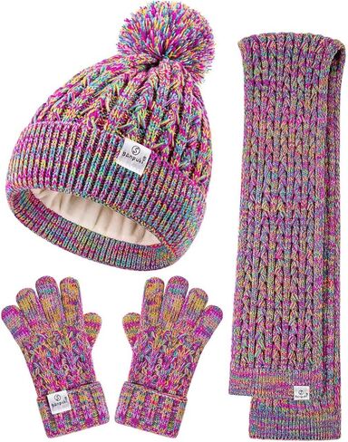 Kids Winter Hat Gloves Scarf Set,Girls Toddler Winter Hat Beanies with Pom Neck Warmer Gaiter Mittens Fleece Lined Set Christmas Gift for Kids（Rainbow Mix） in Kuwait