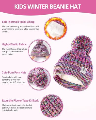 Kids Winter Hat Gloves Scarf Set,Girls Toddler Winter Hat Beanies with Pom Neck Warmer Gaiter Mittens Fleece Lined Set Christmas Gift for Kids（Rainbow Mix） in Kuwait
