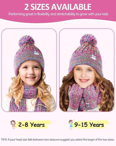 Kids Winter Hat Gloves Scarf Set,Girls Toddler Winter Hat Beanies with Pom Neck Warmer Gaiter Mittens Fleece Lined Set Christmas Gift for Kids（Rainbow Mix） in Kuwait
