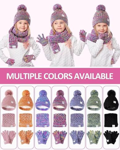 Kids Winter Hat Gloves Scarf Set,Girls Toddler Winter Hat Beanies with Pom Neck Warmer Gaiter Mittens Fleece Lined Set Christmas Gift for Kids（Rainbow Mix） in Kuwait