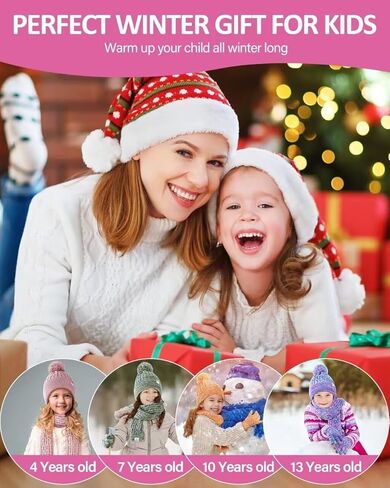 Kids Winter Hat Gloves Scarf Set,Girls Toddler Winter Hat Beanies with Pom Neck Warmer Gaiter Mittens Fleece Lined Set Christmas Gift for Kids（Rainbow Mix） in Kuwait