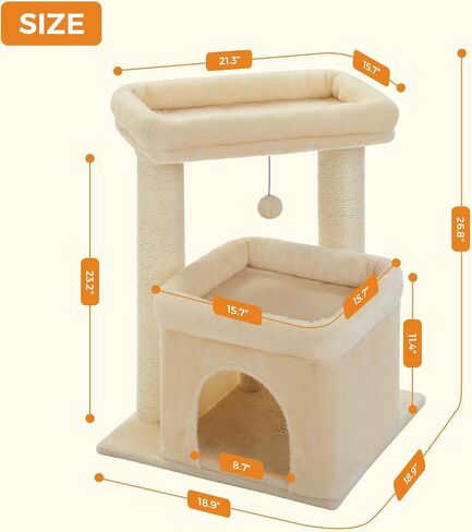 PEQULTI Cat Tree Tower for Indoor Cats with Private Cozy Cat Condo, Natural Sisal Scratching Posts and Plush Pom-pom for Small Cats in Kuwait