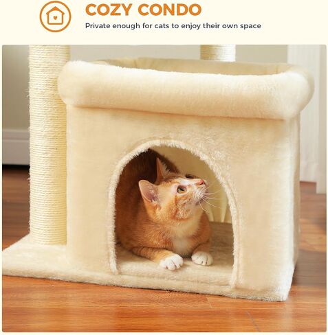 PEQULTI Cat Tree Tower for Indoor Cats with Private Cozy Cat Condo, Natural Sisal Scratching Posts and Plush Pom-pom for Small Cats in Kuwait