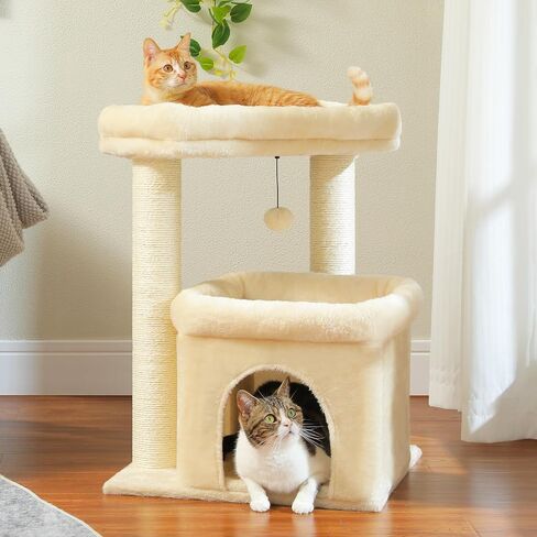 PEQULTI Cat Tree Tower for Indoor Cats with Private Cozy Cat Condo, Natural Sisal Scratching Posts and Plush Pom-pom for Small Cats in Kuwait