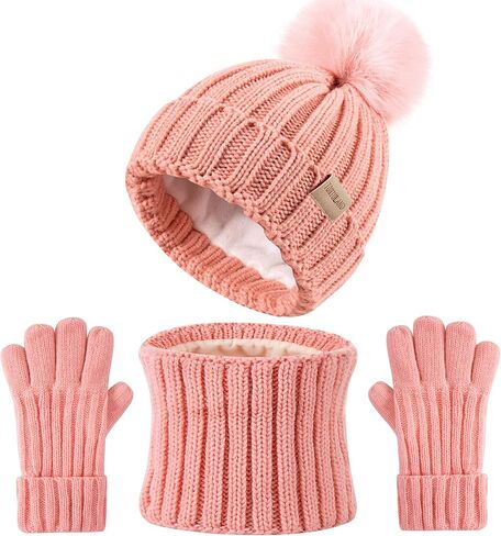 Children Winter Beanie Hat Scart Gloves Set, Kids Fleece Lined Knitted Woollen Pompom Hat for Boys Girls Toddler 3-9 Years in Saudi Arabia