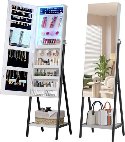 LVSOMT 3 LEDS مرآة خزانة مجوهرات ، 60.4 "مرآة المجوهرات الطول الكامل ، والمنظم المجوهرات القابلة للقفل قابلة للقفل ، مرآة الأرضية مع تخزين مستحضرات التجميل للمجوهرات ، الأبيض in Kuwait