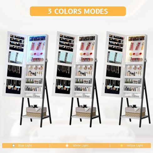 LVSOMT 3 LEDS مرآة خزانة مجوهرات ، 60.4 "مرآة المجوهرات الطول الكامل ، والمنظم المجوهرات القابلة للقفل قابلة للقفل ، مرآة الأرضية مع تخزين مستحضرات التجميل للمجوهرات ، الأبيض in Kuwait