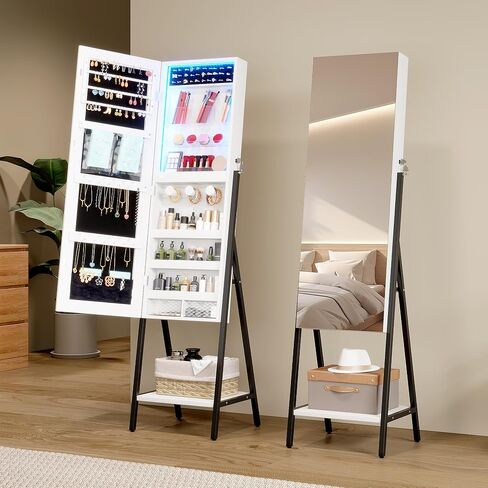 LVSOMT 3 LEDS مرآة خزانة مجوهرات ، 60.4 "مرآة المجوهرات الطول الكامل ، والمنظم المجوهرات القابلة للقفل قابلة للقفل ، مرآة الأرضية مع تخزين مستحضرات التجميل للمجوهرات ، الأبيض in Kuwait