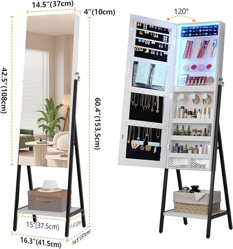 LVSOMT 3 LEDS مرآة خزانة مجوهرات ، 60.4 "مرآة المجوهرات الطول الكامل ، والمنظم المجوهرات القابلة للقفل قابلة للقفل ، مرآة الأرضية مع تخزين مستحضرات التجميل للمجوهرات ، الأبيض in Kuwait