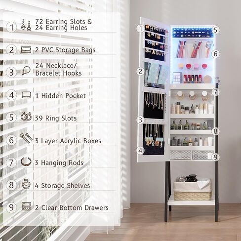 LVSOMT 3 LEDS مرآة خزانة مجوهرات ، 60.4 "مرآة المجوهرات الطول الكامل ، والمنظم المجوهرات القابلة للقفل قابلة للقفل ، مرآة الأرضية مع تخزين مستحضرات التجميل للمجوهرات ، الأبيض in Kuwait