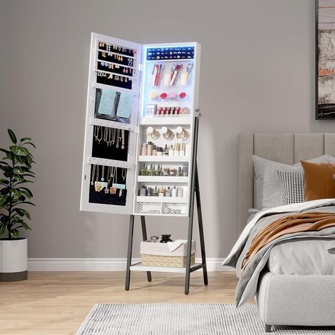 LVSOMT 3 LEDS مرآة خزانة مجوهرات ، 60.4 "مرآة المجوهرات الطول الكامل ، والمنظم المجوهرات القابلة للقفل قابلة للقفل ، مرآة الأرضية مع تخزين مستحضرات التجميل للمجوهرات ، الأبيض in Kuwait
