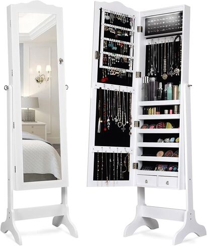 منظم Giantex Jewelry Armoire مع مرآة كاملة الطول ، 14 LEDS خزانة مجوهرات دائمة مع درجتين ، 4 زوايا قابلة للتعديل ، خزانة مربع تخزين المجوهرات القابلة للقفل (بني) in Saudi Arabia