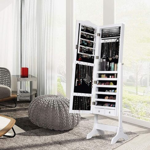 منظم Giantex Jewelry Armoire مع مرآة كاملة الطول ، 14 LEDS خزانة مجوهرات دائمة مع درجتين ، 4 زوايا قابلة للتعديل ، خزانة مربع تخزين المجوهرات القابلة للقفل (بني) in Saudi Arabia