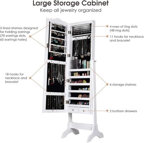 منظم Giantex Jewelry Armoire مع مرآة كاملة الطول ، 14 LEDS خزانة مجوهرات دائمة مع درجتين ، 4 زوايا قابلة للتعديل ، خزانة مربع تخزين المجوهرات القابلة للقفل (بني) in Saudi Arabia