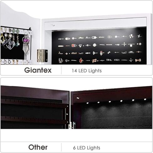 منظم Giantex Jewelry Armoire مع مرآة كاملة الطول ، 14 LEDS خزانة مجوهرات دائمة مع درجتين ، 4 زوايا قابلة للتعديل ، خزانة مربع تخزين المجوهرات القابلة للقفل (بني) in Saudi Arabia