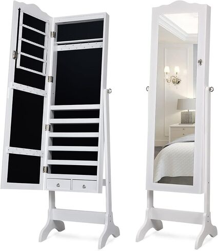 منظم Giantex Jewelry Armoire مع مرآة كاملة الطول ، 14 LEDS خزانة مجوهرات دائمة مع درجتين ، 4 زوايا قابلة للتعديل ، خزانة مربع تخزين المجوهرات القابلة للقفل (بني) in Saudi Arabia