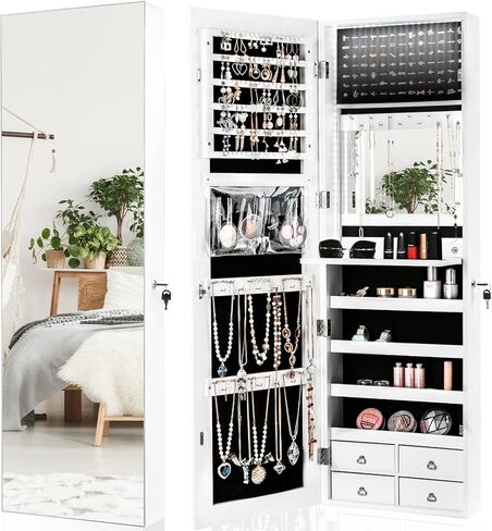 charmaid Lead Strip Jewelry Armoire مع مرآة 47.2 بوصة ذات طول كامل ، منظم مجوهرات مثبتة على الحائط/الباب مع مرآة مدمجة ، صينية تجميلية ، 4 أدراج ، خزانة مجوهرات كبيرة للتخزين (أبيض) in Kuwait