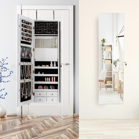 charmaid Lead Strip Jewelry Armoire مع مرآة 47.2 بوصة ذات طول كامل ، منظم مجوهرات مثبتة على الحائط/الباب مع مرآة مدمجة ، صينية تجميلية ، 4 أدراج ، خزانة مجوهرات كبيرة للتخزين (أبيض) in Kuwait