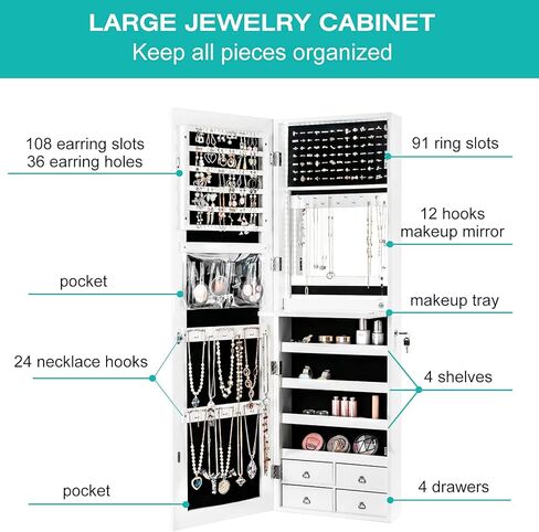 charmaid Lead Strip Jewelry Armoire مع مرآة 47.2 بوصة ذات طول كامل ، منظم مجوهرات مثبتة على الحائط/الباب مع مرآة مدمجة ، صينية تجميلية ، 4 أدراج ، خزانة مجوهرات كبيرة للتخزين (أبيض) in Kuwait