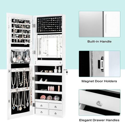 charmaid Lead Strip Jewelry Armoire مع مرآة 47.2 بوصة ذات طول كامل ، منظم مجوهرات مثبتة على الحائط/الباب مع مرآة مدمجة ، صينية تجميلية ، 4 أدراج ، خزانة مجوهرات كبيرة للتخزين (أبيض) in Kuwait