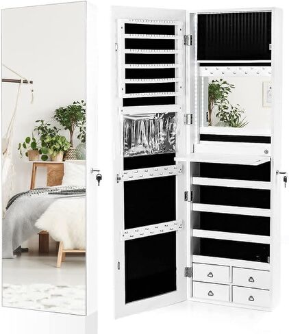 charmaid Lead Strip Jewelry Armoire مع مرآة 47.2 بوصة ذات طول كامل ، منظم مجوهرات مثبتة على الحائط/الباب مع مرآة مدمجة ، صينية تجميلية ، 4 أدراج ، خزانة مجوهرات كبيرة للتخزين (أبيض) in Kuwait