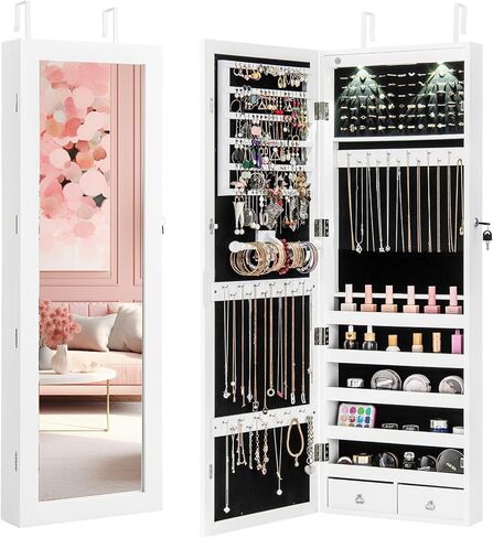 Giantex Wall Door Mounted Jewelry Armoire Cabinet with 47.5" H Full Length Mirror, 2 LEDs Lockable Jewelry Organizer Box with Bracelet Rod, 2 Drawers, Large Storage Capacity (Black) in Saudi Arabia