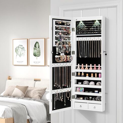 Giantex Wall Door Mounted Jewelry Armoire Cabinet with 47.5" H Full Length Mirror, 2 LEDs Lockable Jewelry Organizer Box with Bracelet Rod, 2 Drawers, Large Storage Capacity (Black) in Saudi Arabia