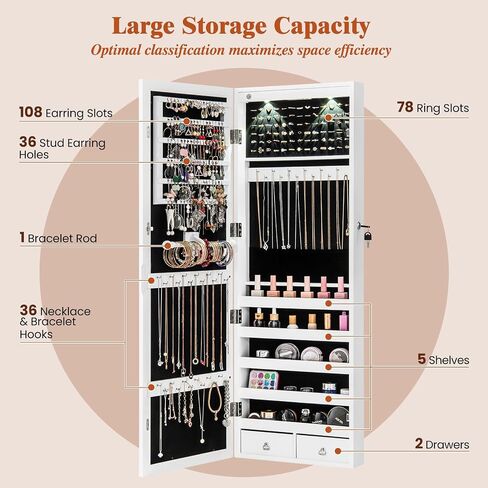 Giantex Wall Door Mounted Jewelry Armoire Cabinet with 47.5" H Full Length Mirror, 2 LEDs Lockable Jewelry Organizer Box with Bracelet Rod, 2 Drawers, Large Storage Capacity (Black) in Saudi Arabia