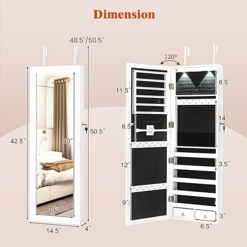 Giantex Wall Door Mounted Jewelry Armoire Cabinet with 47.5" H Full Length Mirror, 2 LEDs Lockable Jewelry Organizer Box with Bracelet Rod, 2 Drawers, Large Storage Capacity (Black) in Saudi Arabia