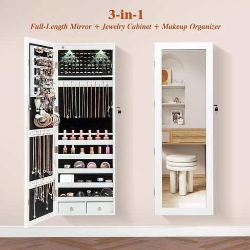 Giantex Wall Door Mounted Jewelry Armoire Cabinet with 47.5" H Full Length Mirror, 2 LEDs Lockable Jewelry Organizer Box with Bracelet Rod, 2 Drawers, Large Storage Capacity (Black) in Saudi Arabia